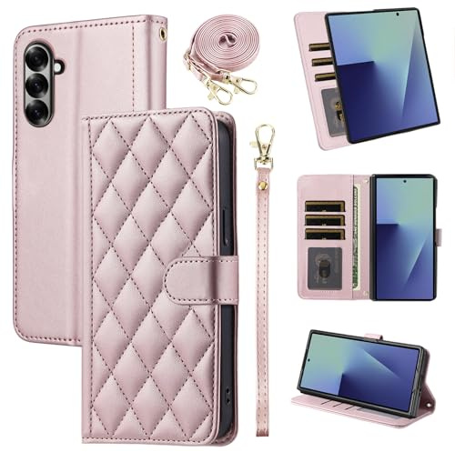 Furiet Argyle Wallet Case for Samsung Galaxy Z Fold 7 5G 2025 with Wrist/Shoulder Strap, Card Slots Folio Purse, Luxury PU Leather Stand Cell Phone Cover for ZFold7 Z7 G Fold7 7Z Women Men Pink