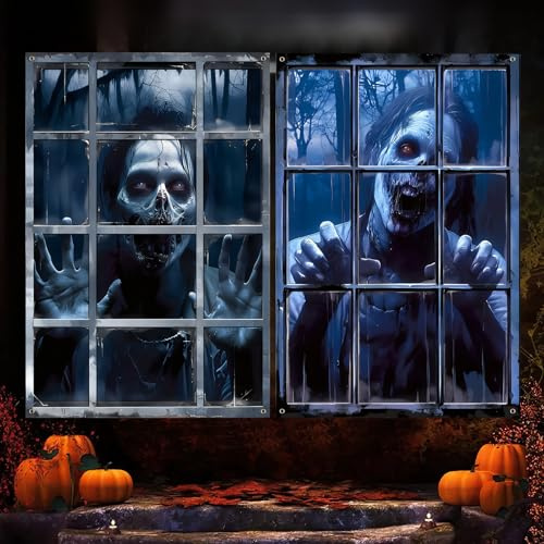 Auauraintt 2PCS 3D Decorazioni Halloween Finestre Casa Esterno, Addobbi Halloween Giardino Decori Halloween Horror per Porta Interno Decorazione, 120 x 80 cm