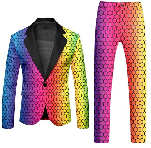 Generisch Ensemble de 2 pièces de blazer pour homme, couleur néon, slim fit, pour une fête, un déguisement de discothèque, un costume de nuit, un ensemble de costume arc-en-ciel amusant et nouveau, O
