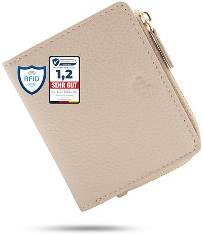 Baur Damen Geldbörse klein – Echtes Leder mit RFID-Schutz – Kleines Portemonnaie mit 7 Kartenfächern – Druckknopfverschluss und Münzfach mit Reißverschluss (Gold Reißverschluss, Taupe)