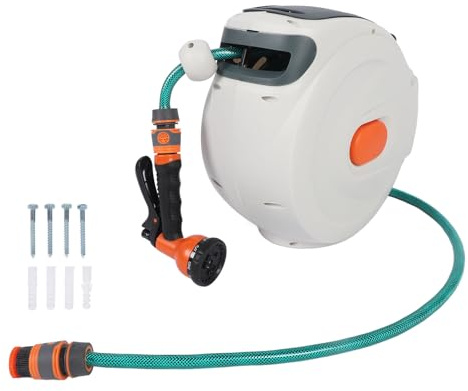 LUCKDANO Retractable Garden Hose Reel Wall Mounted 32.8ft ABS Automatic Rewind Slow Return System 180° Bracket with 8-Pattern Nozzle for Multi-Directional Watering