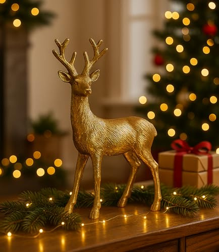 KAMACA XL Rentier aus Aluminium in der Farbe Gold 23 cm hoch Hochwertige Metallfigur & glänzende Weihnachtsdekoration Dekofigur für Tisch, Fensterbank, Kommode Winter-Deko (Rentier Aluminium Gold)