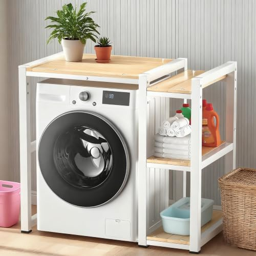 Armario Lavadora Y Secadora – Estantería Superior 3 Niveles Ajustables, Estructura Acero 4cm, Mueble Torre Encima Lavadora de Tambor, Estante Vertical Cuarto de Lavado(White)