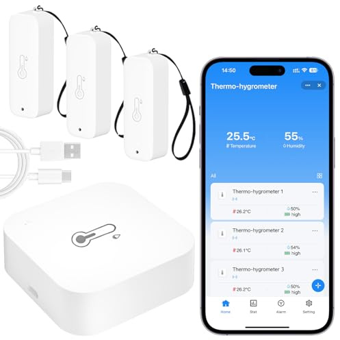 WIOONI WLAN Thermometer Hygrometer mit App, 150m Reichweite für Innen Außen, Tuya Smart Life kompatibel für Gewächshaus Weinkeller, 3 Sensoren + Basisstation
