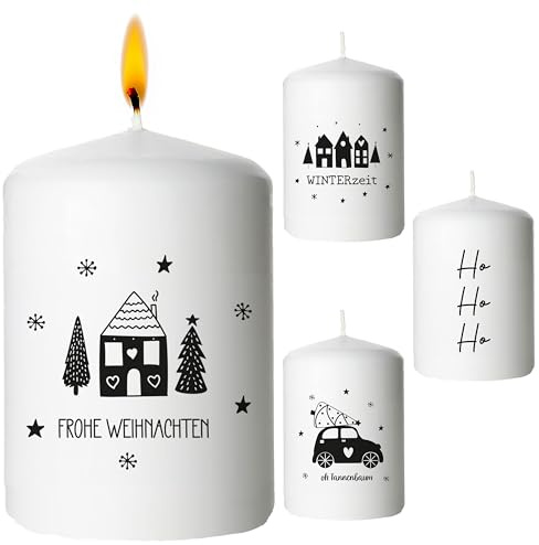 Stumpenkerze Weihnachten bedruckt 4er Set | rund Ø6x8cm creme Paraffin | 4 Weihnachtsmotive Dekokerze Blockkerze Wachskerze