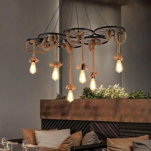 TEKHOME Lampadario a Sospensione Vintage in Corda, 6 Luci E27, Design Industriale Retro, Lampadario da Soffitto per Cucina, Sala da Pranzo, Bar, Ristorante, Altezza Regolabile A89-6
