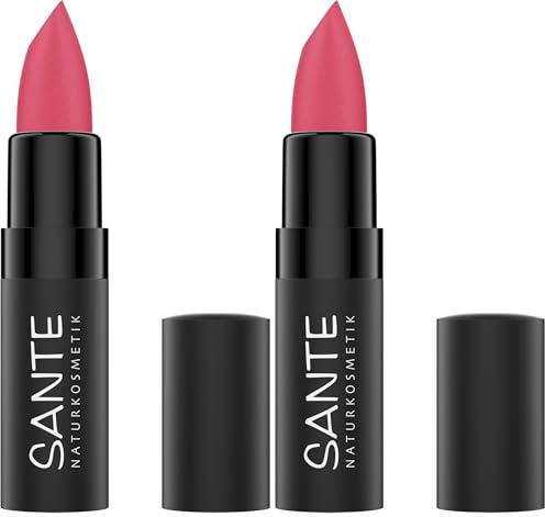SANTE Naturkosmetik Ultra Matt Lipstick 01 Soft Coral, pudrig-matter Lippenstift in Korall für ein natürliches Finish, Lippenpflege mit Squalan und Hyaluron, 4,55g (Packung mit 2)