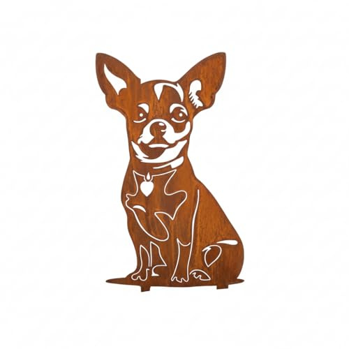 Kapaga - Edelrost Gartenstecker Chihuahua (Kurzhaar) - Rost Deko | Hund Rostfigur Gartendeko für Draußen - stabile Metall Gartenfigur aus Stahl - Wetterfest für Beet Terrasse - 35x23cm