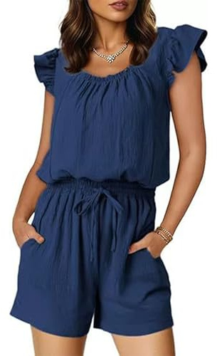QUNERY Mono Corto Mujer Verano Elegante Cuello Cuadrado Jumpsuit Mujer Mono Corto Informal con Cordón y Bolsillos Azul Marino XXL