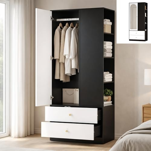 NordicLume Kleiderschrank mit Spiegel 180 cm – Moderner Garderobenschrank mit 2 Schubladen & Kleiderstange, Weiß/Schwarz, Schlafzimmer & Flur (180 x 80 x 40 cm)