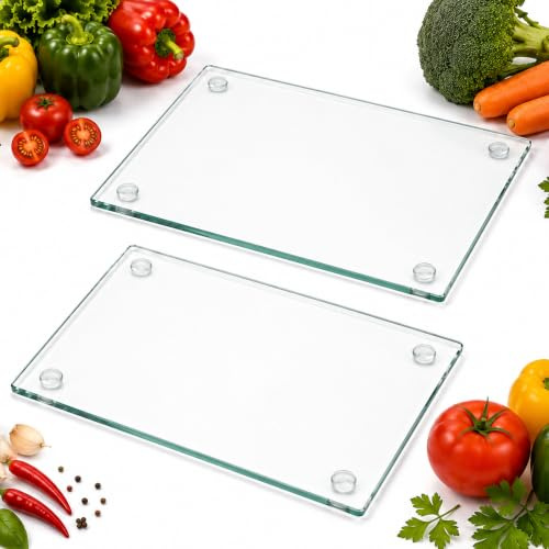 STL Pack of 2 Glass Chopping Board 40x30cm Tempered Glass Worktop Savers for Kitchens Durable Scratch Resistant Heat Proof Clear Small Dining Place Mats Cutting Mat Saver for Kitchen Cooking Baking