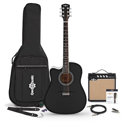 Dreadnought-Cutaway für Linkshänder, 15W-Verstärker und Zubehör, Schwarz | Dreadnought-Cutaway für Linkshänder, Integrierter Vorverstärker mit 3-Band-EQ, 15W-Verstärker mit Zubehör, Schwarz