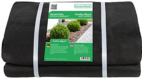GardenMate 2m x 25m Telo per Pacciamatura 50 g/m² - Telo Antistrappo Contro Le Erbacce - Elevata stabilizzazione ai Raggi UV - Permeabile - 2m x 25m = 50m²