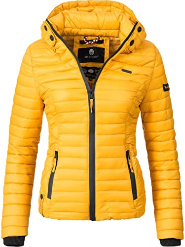 MARIKOO leichte Damen Übergangsjacke kurz mitteldick gefütterte Steppjacke mit Kapuze Samtpfote Gelb Gr. XL
