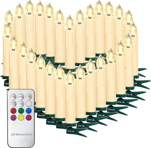 SunJas Bougies LED Guirlande Lumineuse de Noël Flamme Vacillante sans Flamme Bougies pour Fête Sapin Arbre de Noël Saint-Valentin avec Télécommande sans Fil Chandelles LED (30pcs, Lumière Multicolore)