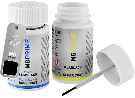 MG PRIME Autolack Lackstift für Citroen EXY Noir Onyx/Onyx Schwarz +1K | Set aus Basislack + Klarlack, Lackfläschchen mit Pinsel, je 50ml