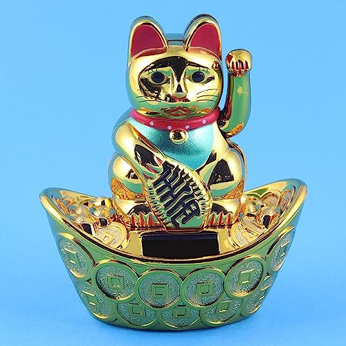 Freak Scene Glückskatze - Maneki-Neko - Winkekatze Solar - ovaler Sockel - 10 cm - Gold