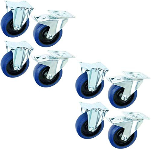 2 Satz 125 mm BLUE WHEELS Lenkrollen mit Bremse/Feststellbremse + Bockrollen Transportrollen Schwerlastrollen 165 kg/Rad Blau - INDUSTRIEQALITÄT ECO (2 Satz Brems/Bock)