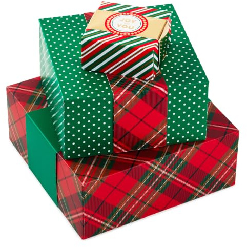 Hallmark Geschenkboxen mit Wickelbändern für Weihnachten (3 Boxen: rot, grün, gold, Christmas Wishes, Joy to you) Schneeflocken, Streifen, Punkte, Plaid