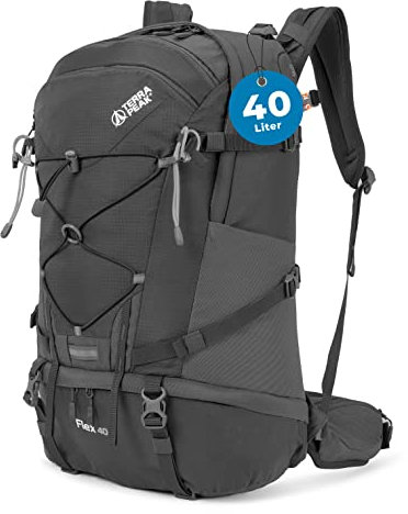 Terra Peak Wanderrucksack 40 liter Damen Herren Flex 40 grau - Daypack Rucksack wasserdicht - Rucksack zum Wandern & Camping - mit integrierter Trinksystem-Halterung und Laptop-Fach - unisex daypack