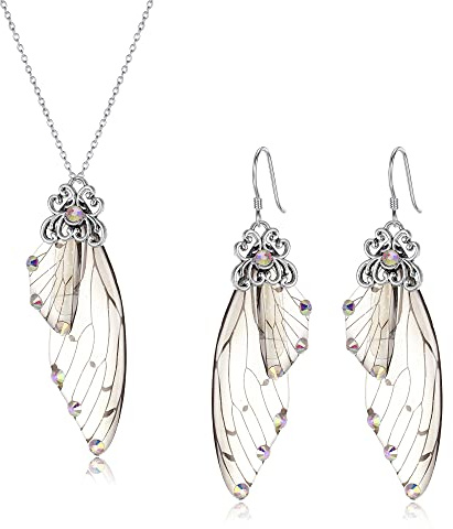 Clearine Schmuckset mit Schmetterling Flügeln Simulation Insekten Feenflügel Anhänger Halskette und Ohrringe Set für Damen