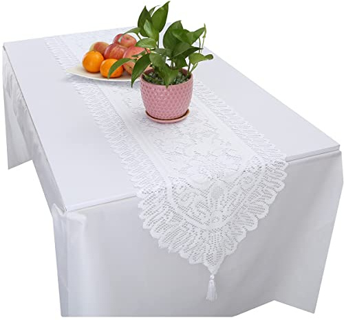 KYEYGWO Vintage Blumenmuster Spitze Tischläufer mit Quaste, Weiß 135x33cm | Mittelalter Boho Tischwäsche Landhausstil Tischdecke Platzset für Esstisch Deko Hochzeit Weihnachten Party Geburtstag