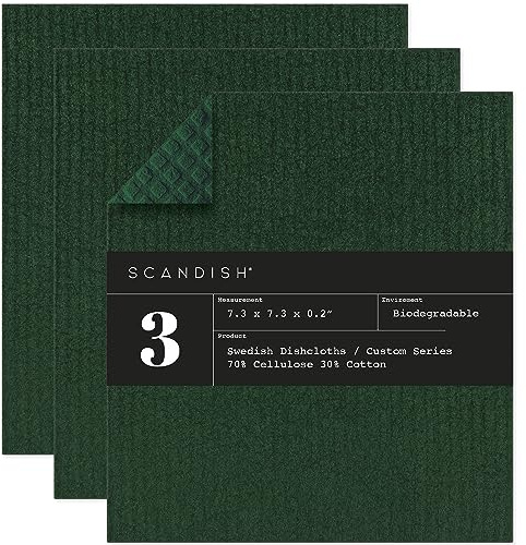 SCANDISH Forest Green Swedish Dishcloths for Kitchen, Set of 3 | Made in Sweden, Reusable, Compostable