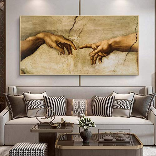 Die Erschaffung Adams von Michelangelo Leinwandbilder XXL Berühmte Gemälde, Wandkunst, Poster und Drucke, Hand-zu-Hand-Kunstbilder, 60 x 120 cm, rahmenlos