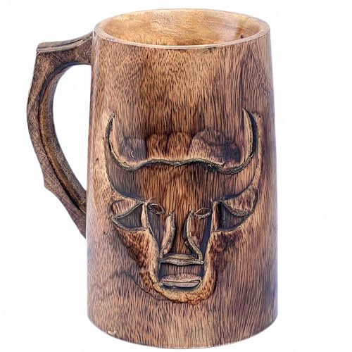 collectiblesBuy Handgefertigter Bierkrug mit Stiergesicht-Design aus Holz Krug Holzkrug Bierkrug Handgefertigter Bierbecher Vintage Klassischer Stil Naturholz Tasse Bier Tee Kaffee Milch Wasser Tasse