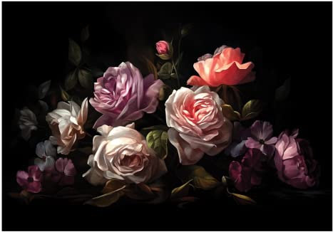 Papel Pintado Rosas Flores Oscuro Negro - Incluye Pegamento - Fotomurales Pared Tejido No Tejido Decorativos Murales Fotográfico XXL Moderno Decoración de Paredes (208x146 cm)