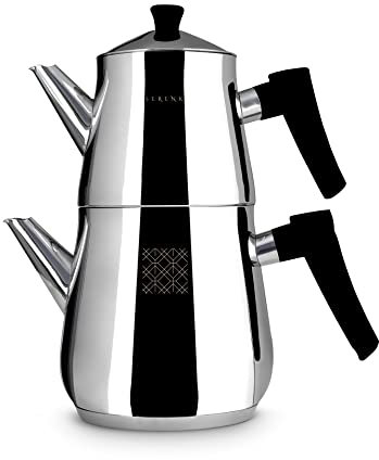Serenk Set di Teiera Turca in Acciaio Inossidabile, Doppia Con Base a Capsula, Manici Antiscivolo in Bachelite, per Piano Cottura e Induzione, 2,9 L, Nero