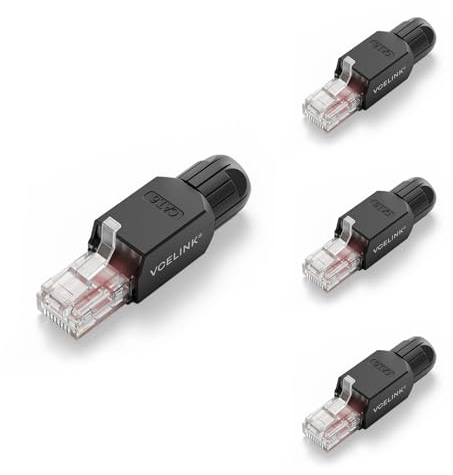 VCELINK Connecteur RJ45 Cat6 Sans Outil 1000 Mbps Plaqué Or, Noir Lot de 4 | Prise RJ45 UTP Réutilisable 1000 Mbps/250 MHz, Compatible Routeur, Switch, Modem Optique, PC, Installations simplifiées