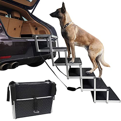 Hunderampe für große Hunde, 6 Stufen, tragbar, zusammenklappbar, rutschfest, leicht, Aluminium, Teleskop-Hundetreppe für Autos, LKWs, SUV, Haustierleiterrampe, unterstützt bis zu 150 l