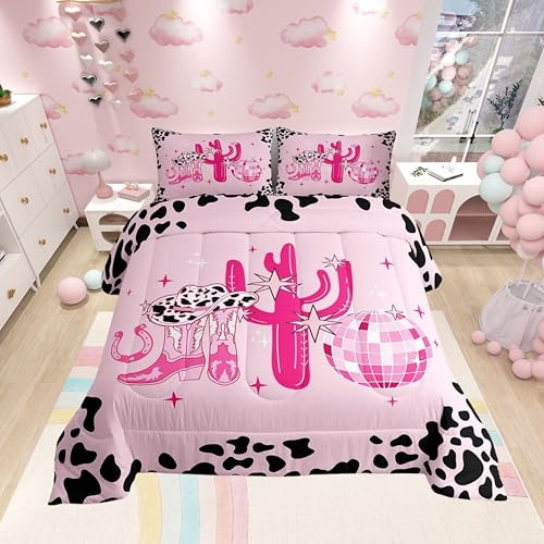 Castle Fairy Western Cowboy Comforter Set,Cowgirl Bedding Set for Kids Girls Women,Adults Pink and Black Comforter,Farm Life Quilted Duvet Set Bedroom Collection Twin Size 2Pcs