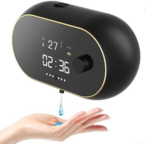 Dispenser automatico di sapone per le mani in schiuma, montaggio a parete senza contatto, capacità 450 ml, grande schermo con visualizzazione dell'ora e della temperatura (gel nero)