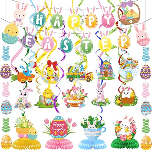 Easter Decorations for Home Decor - 47Pcs Danner Kit, Happy Easter Banners with 3D Bunny Backdrop for Photography Birth Party Favors for Class Office Ceiling Decor Yard Garden Outdoor