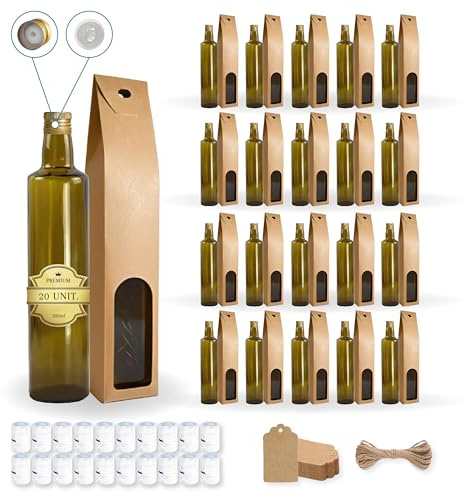 Espirito Rebelde - 20 botellas de vidrio oscuro 500 ml con tapón de rosca dorado con boquilla vertedora + 20 cajas + 20 sellos + 20 etiquetas Kraft + cuerda - aceite de oliva, vinagre, alcohol -