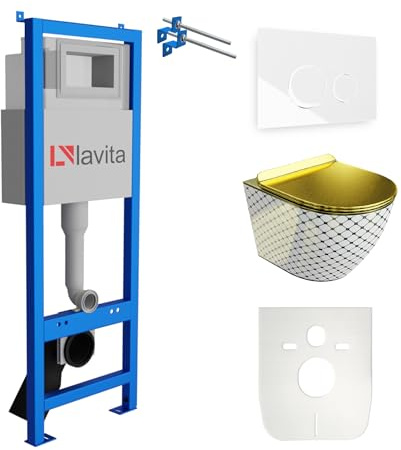 Lavita LAV 101 Vorwandelement für WC 40cm + Wand Hänge Tiefspül WC SOFI SLIM CHECKED GOLD Spülrandlos + Bedienplatte LAV 200.4.1 Weiß | Komplettset | Unterputz Spülkasten | Toilette Komplett Sett