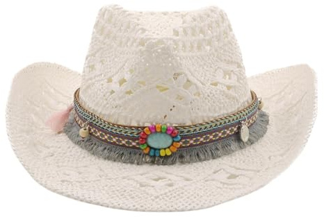Cowboyhut Western Cowgirl Hüte für Damen Herren Strohhut Westernhut Brasilianischer Bohemian Panamahüte Sommerhut Sonnenhut Strandhut Piratenhut (DE/NL/SE/PL, Alphanumerisch, Einheitsgröße, Weiß)
