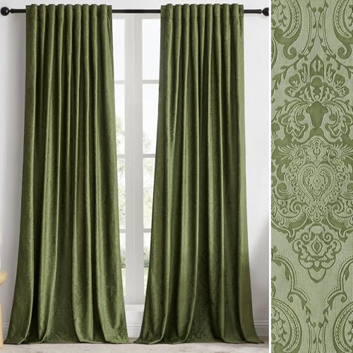 GIGIZAZA Grüne Samtvorhänge, 308 cm lang, für Wohnzimmer, 2 Paneele, luxuriös, Vintage-Vorhänge, Blumenprägung, Verdunkelung, Fenstervorhang, Thermovorhang für Schlafzimmer