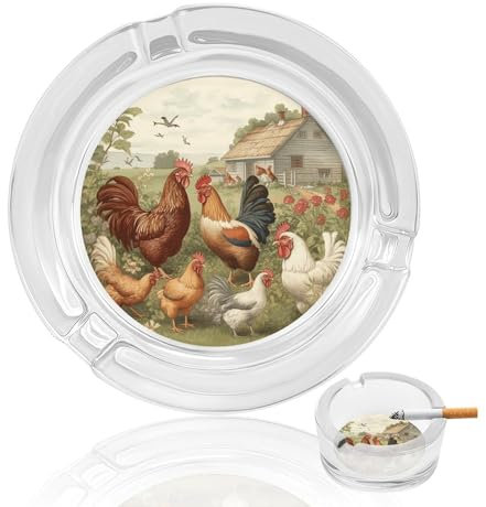 Glasaschenbecher, Hühner und Bauernhof, Tischaschenbecher, Kristallglas-Aschenbecher, klassisch, rund, tragbar, dekorativ, moderner Aschenbecher