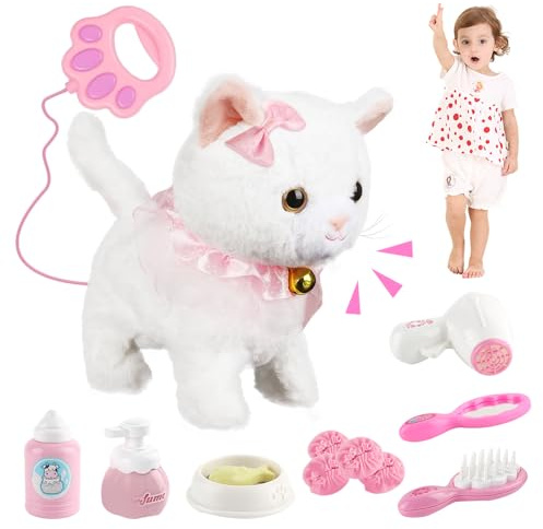 Lotvic Jouet Électronique en Peluche, Animal Chat Électronique, Chat Interactif Qui Marche et Miaule avec Laisse Télécommandée, Chats en Peluche Électroniqu, Cadeaux de Jouets pour Enfant de 3-6 Ans