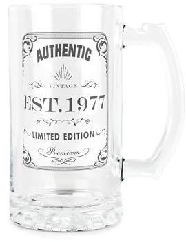 Purely Home Born in 1977 Gift Glass Stein - Vintage Beer Glass Present - 450ml Drinking Cup/Tankard Mug with Handle Gifts for Birthdays