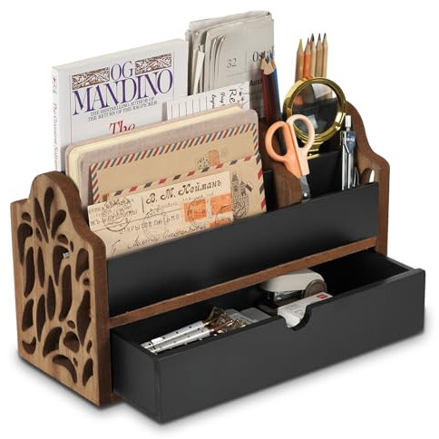 Optyuwah Schreibtisch Organizer aus Holz mit Schublade,Briefablage mit Schublade Schreibtischablage-Büro-Organisation,Ablage,Stiftehalter Dokumentenhalter,Postablage