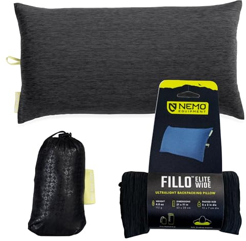 NEMO utrustning Fillo Elite bred campingkudde – svart pärla/katt | Ultralätt, packbart, luftstöd, avtagbart skydd, resor, backpacking