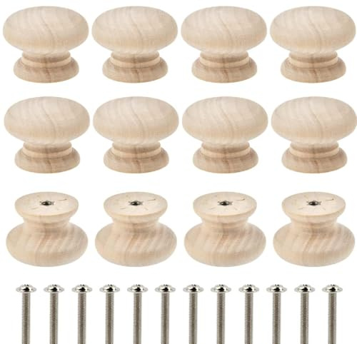 DEFIYEAR 12PCS Wooden Drawer Knobs, Natural Unpainted Wooden Knob for Drawers and Cabinets, Round Wooden Door Knobs Pull Handles with Screws, Perfect for Home Kitchen Office Furniture Upgrades