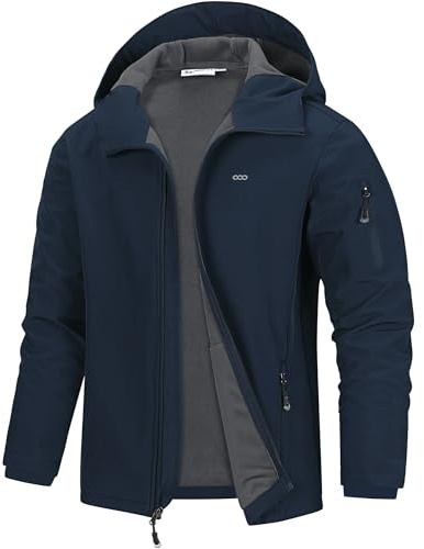 33,000ft Men's Waterproof Warm Softshell Jacket Lightweight Fleece Lining Jackets Hooded Rain Coat Windbreaker for Walking Hiking Dark Blue M