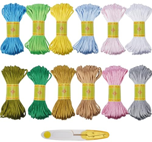 FOGAWA 12 Farben 240 Meters Satin Nylonschnur für Armbänder 2.5 mm Satinkordel Nylon Rattail Seide Satinbänder Satinschnur für Halsketten Armbänder Schmuckherstellung Chinesische Knotenschnur