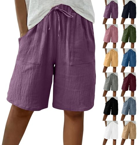Generisch Damen Shorts Musselin Kurz Hose Sommer Leinen Shorts Mit Taschen Mode Lässige Stoffhose Freizeitshorts Hoher Elastische Taille Sportshorts Stretch Gerades Bein Strandshorts Leinenhose