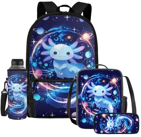 UOIMAG Sac d'école pour enfants avec sac à dos, boîte à déjeuner porte-bouteille et trousse crayons, Axolotl Planet Galaxy, Taille unique